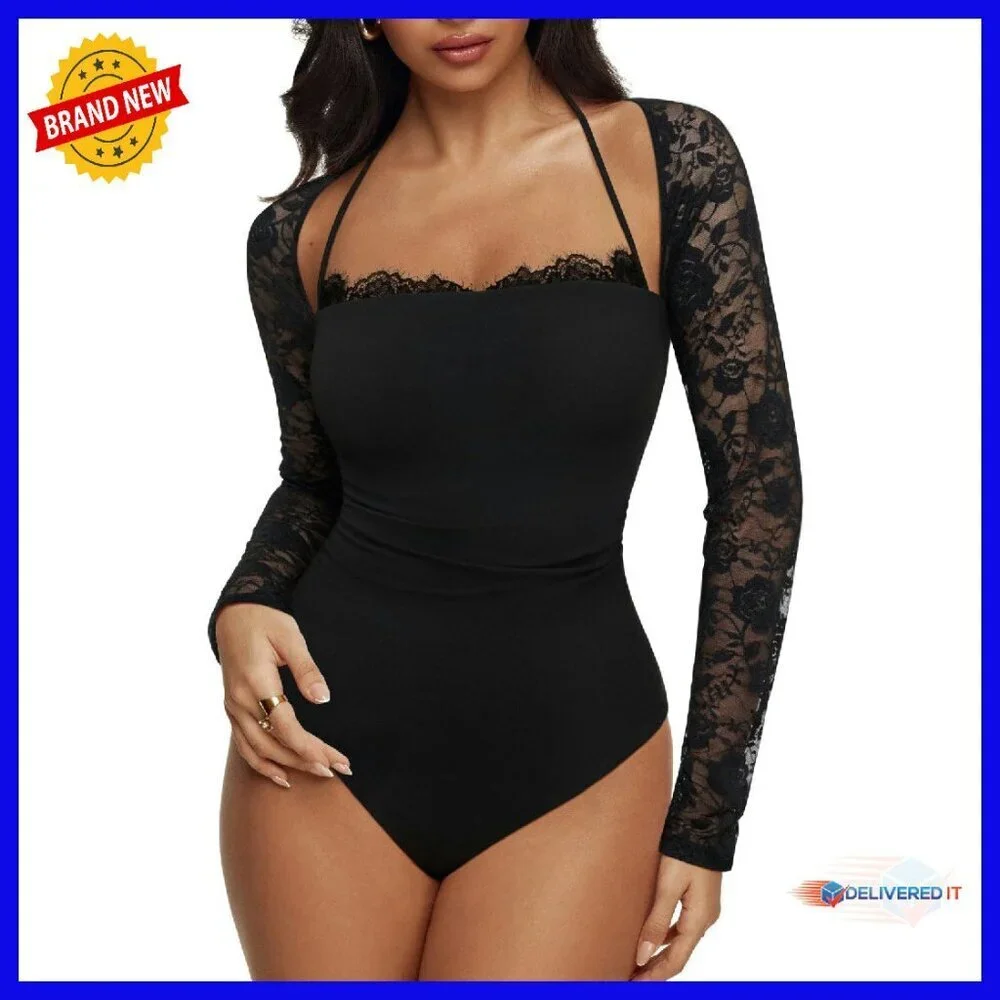 Long Sleeve Square Neck Halter Tie Lace Bodysuit Y2K Sheer